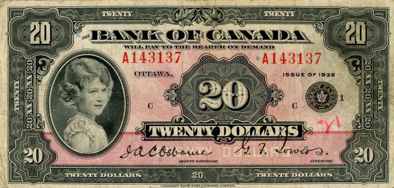 8-летняя принцесса Елизавета на 20 канадских долларах